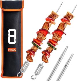 Metal BBQ Skewers for Grilling-16.83" Long Flat Kebab Sticks with Push Bar, Stainless Steel 304 Shish Kabob Skewers for Camping, Set of 8 with Ba