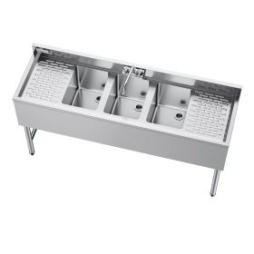 3 Compartment Sink, 18-Gauge 304 Stainless Steel, 10" x 14" x 10" Bowl Size (size: 60 x 18.5 inch)